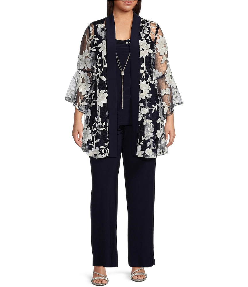 R & M Richards Plus Size 3/4 Bell Sleeve Crew Neck Embroidered Sequin Lace 3-Piece Pant Set