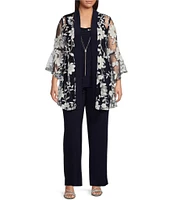 R & M Richards Plus Size 3/4 Bell Sleeve Crew Neck Embroidered Sequin Lace 3-Piece Pant Set