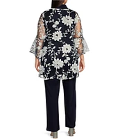 R & M Richards Plus Size 3/4 Bell Sleeve Crew Neck Embroidered Sequin Lace 3-Piece Pant Set