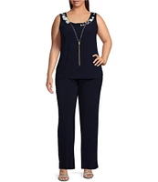 R & M Richards Plus Size 3/4 Bell Sleeve Crew Neck Embroidered Sequin Lace 3-Piece Pant Set