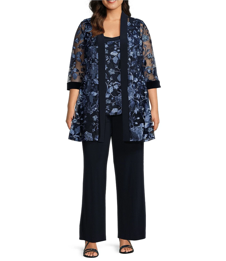 R & M Richards Plus Size 3/4 Sleeve Crew Neck Embroidered 3-Piece Pant Set