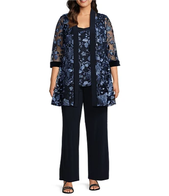 R & M Richards Plus Size 3/4 Sleeve Crew Neck Embroidered 3-Piece Pant Set