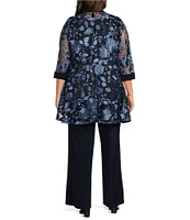 R & M Richards Plus Size 3/4 Sleeve Crew Neck Embroidered 3-Piece Pant Set