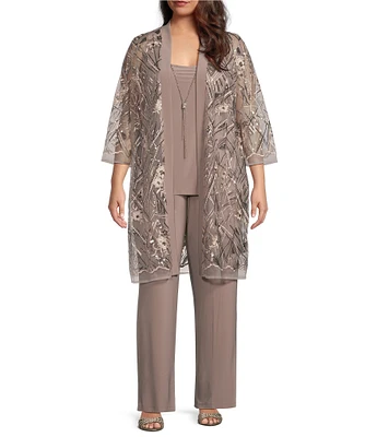 R & M Richards Plus Size 3/4 Sleeve Crew Neck Embroidered Sequin 3-Piece Pant Set