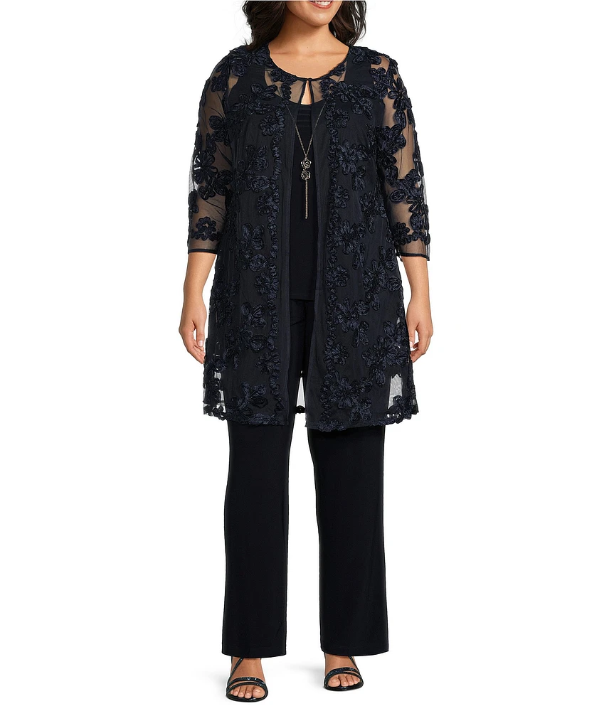 R & M Richards Plus Size 3/4 Sleeve Crew Neck Embroidered Soutache 3-Piece Pant Set