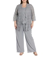 R & M Richards Plus Size 3/4 Sleeve Crew Neck Scalloped Lace 3-Piece Pant Set