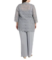 R & M Richards Plus Size 3/4 Sleeve Crew Neck Scalloped Lace 3-Piece Pant Set