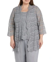 R & M Richards Plus Size 3/4 Sleeve Crew Neck Scalloped Lace 3-Piece Pant Set