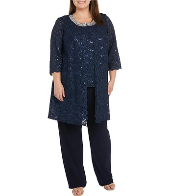 R & M Richards Plus Size 3/4 Sleeve Embellished Round Neck Lace Duster 3-Piece Pant Set