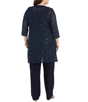 R & M Richards Plus Size 3/4 Sleeve Embellished Round Neck Lace Duster 3-Piece Pant Set