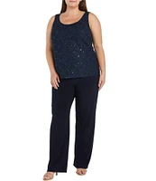 R & M Richards Plus Size 3/4 Sleeve Embellished Round Neck Lace Duster 3-Piece Pant Set