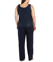 R & M Richards Plus Size 3/4 Sleeve Embellished Round Neck Lace Duster 3-Piece Pant Set