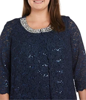 R & M Richards Plus Size 3/4 Sleeve Embellished Round Neck Lace Duster 3-Piece Pant Set