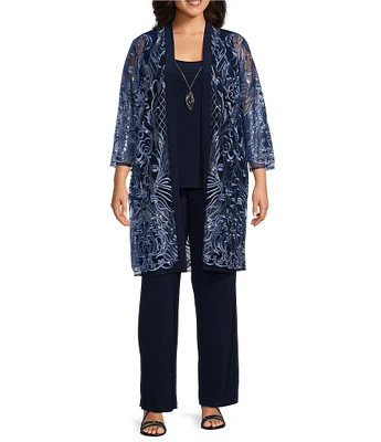 R & M Richards Plus Size 3/4 Sleeve Scoop Neck Embellished Sequin Jacket 3-Piece Pant Set