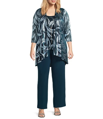 R & M Richards Plus Size 3/4 Sleeve Scoop Neck 3-Piece Foil Festival Crinkle Pant Set