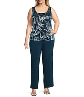 R & M Richards Plus Size 3/4 Sleeve Scoop Neck 3-Piece Foil Festival Crinkle Pant Set