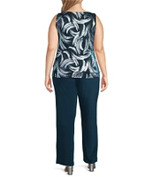 R & M Richards Plus Size 3/4 Sleeve Scoop Neck 3-Piece Foil Festival Crinkle Pant Set