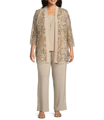 R & M Richards Plus Size 3/4 Sleeve Scoop Neck Embroidered Sequin Jacket 3-Piece Pant Set
