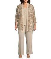 R & M Richards Plus Size 3/4 Sleeve Scoop Neck Embroidered Sequin Jacket 3-Piece Pant Set