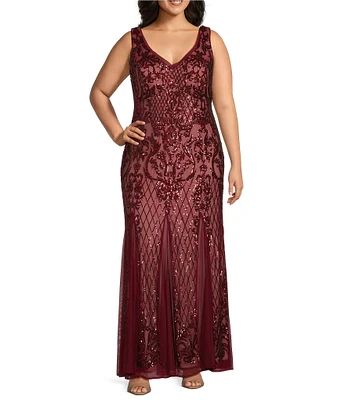 R & M Richards Plus Size Beaded Lace Sequin Mesh V-Neck Sleeveless Mermaid Gown