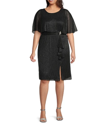 R & M Richards Plus Size Crew Neck Short Sleeve Capelet Cascade Ruffle Sheath Dress