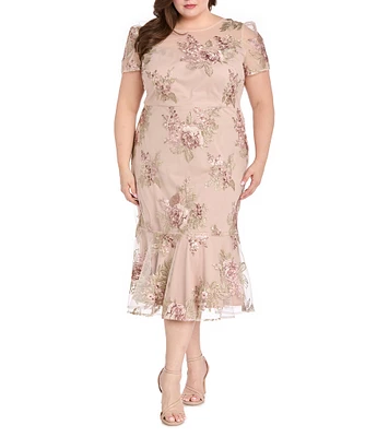 R & M Richards Plus Size Embroidered Floral Crew Neck Short Sleeve Flounce Hem Midi Dress