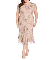 R & M Richards Plus Size Embroidered Floral Crew Neck Short Sleeve Flounce Hem Midi Dress