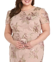 R & M Richards Plus Size Embroidered Floral Crew Neck Short Sleeve Flounce Hem Midi Dress