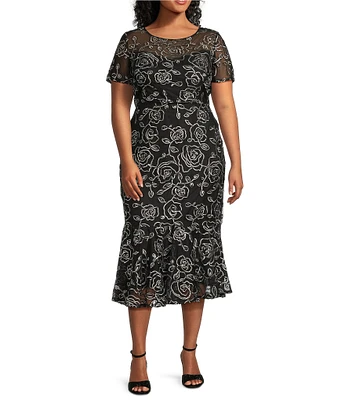 R & M Richards Plus Size Floral Braid Embroidered Soutache Crew Neck Short Sleeve Flounce Hem Midi Dress