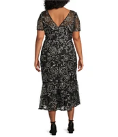 R & M Richards Plus Size Floral Braid Embroidered Soutache Crew Neck Short Sleeve Flounce Hem Midi Dress