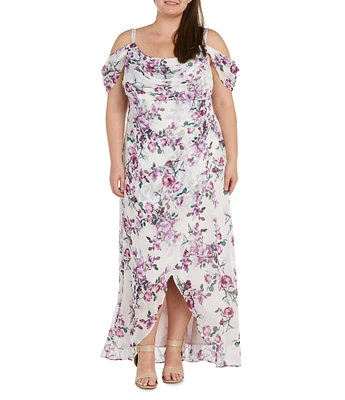 R & M Richards Plus Size Floral Cold Shoulder Cowl Neck Long Chiffon Dress