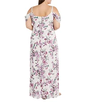 R & M Richards Plus Size Floral Cold Shoulder Cowl Neck Long Chiffon Dress