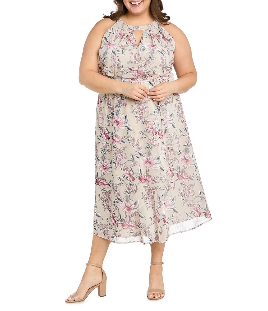 R & M Richards Plus Size Floral Print Blouson Midi Dress