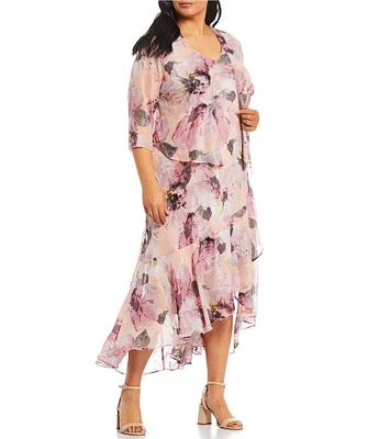R & M Richards Plus Size Floral Print Chiffon Bolero 3/4 Sleeve Asymmetrical Ruffle Hem 2-Piece Jacket Dress