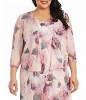 R & M Richards Plus Size Floral Print Chiffon Bolero 3/4 Sleeve Asymmetrical Ruffle Hem 2-Piece Jacket Dress