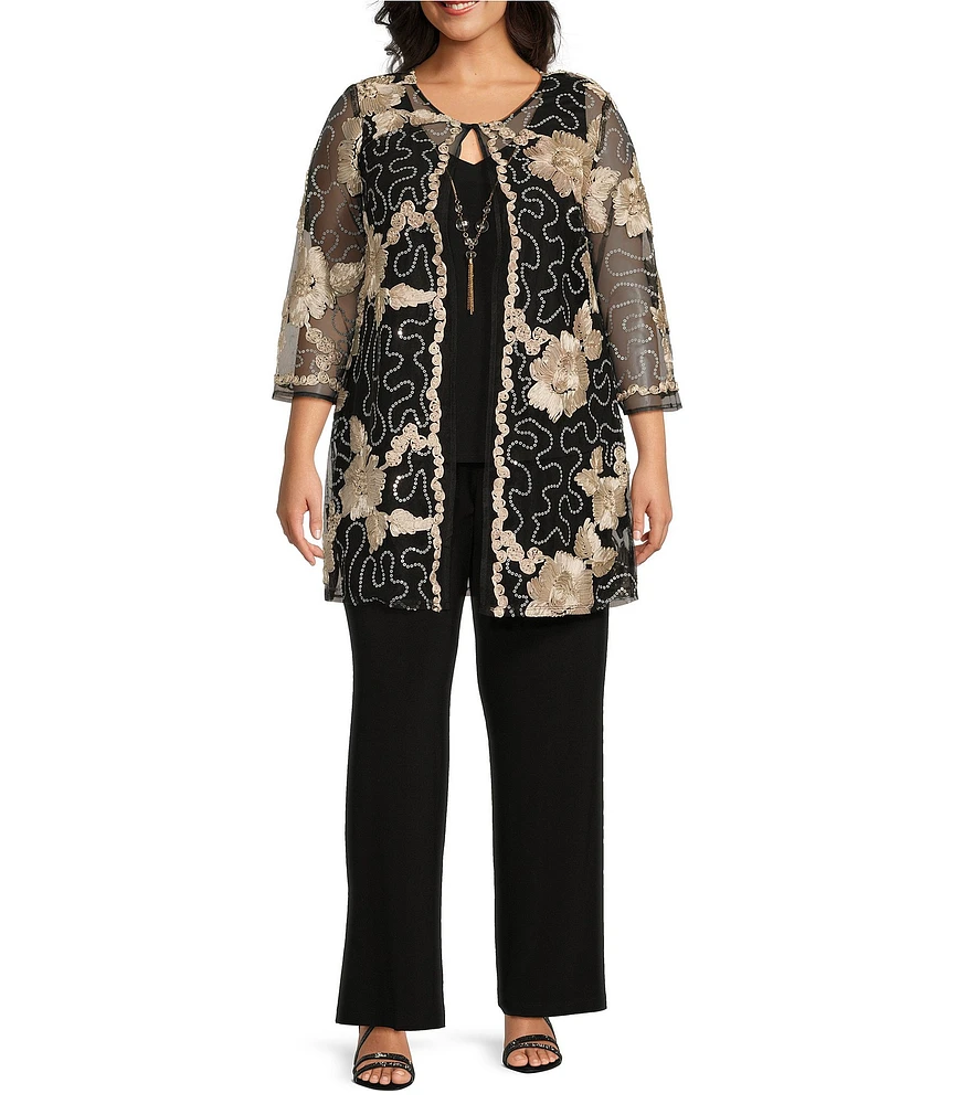 R & M Richards Plus Size Floral Sequin Ribbon Soutache Crew Neck 3/4 Sleeve 3-Piece Duster Set