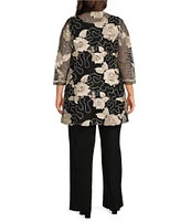 R & M Richards Plus Size Floral Sequin Ribbon Soutache Crew Neck 3/4 Sleeve 3-Piece Duster Set