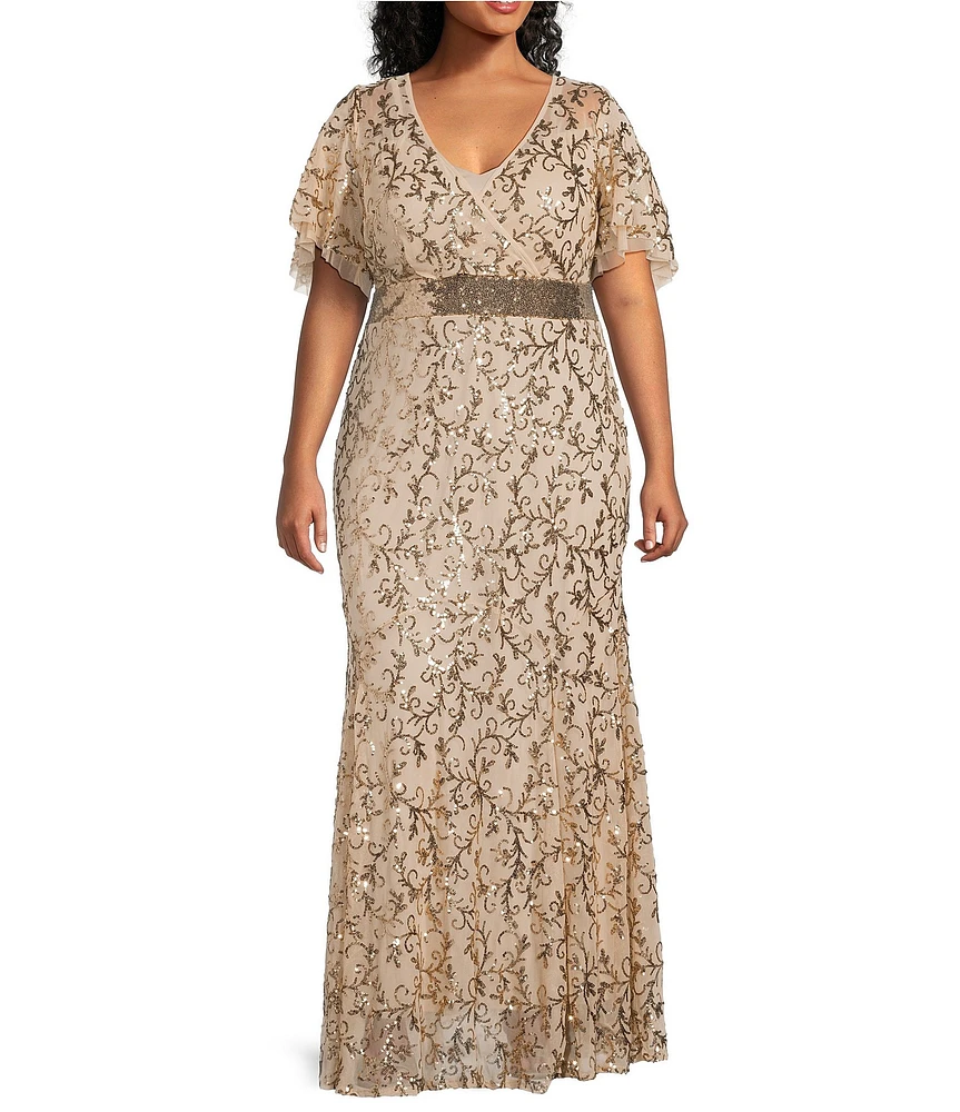 R & M Richards Plus Size Godet Skirt V-Neck Short Flutter Sleeve Sequin Power Mesh Dress