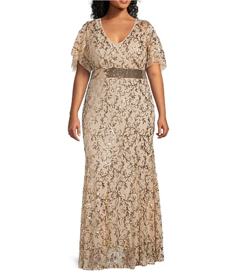 R & M Richards Plus Size Godet Skirt V-Neck Short Flutter Sleeve Sequin Power Mesh Dress