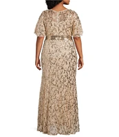 R & M Richards Plus Size Godet Skirt V-Neck Short Flutter Sleeve Sequin Power Mesh Dress