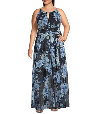 R & M Richards Plus Size Halter Keyhole Floral Chiffon A-Line Maxi Dress