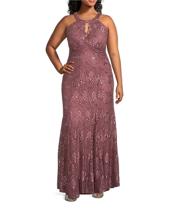 R & M Richards Plus Size Keyhole Neck Glitter Lace Mermaid Gown