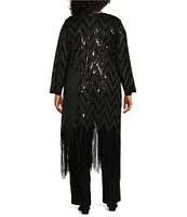 R & M Richards Plus Size Long Sleeve Scoop Neck Chevron Embellished Sequin Fringe Power Mesh 3-Piece Pant Set