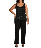 R & M Richards Plus Size Long Sleeve Scoop Neck Chevron Embellished Sequin Fringe Power Mesh 3-Piece Pant Set