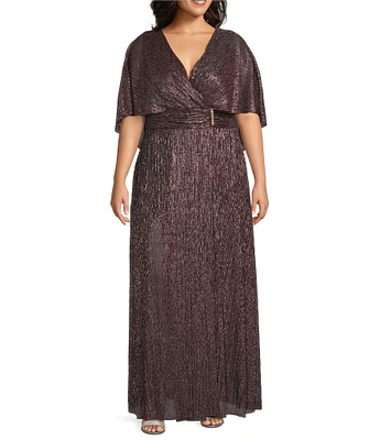 R & M Richards Plus Size Metallic Crinkle V-Neck Short Flutter Sleeve Ruched Waist Rhinestone Detail A-Line Dress