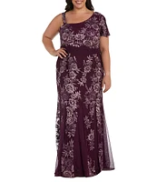 R & M Richards Plus Size One Shoulder Asymmetrical Neck Embellished Sequin Long Gown