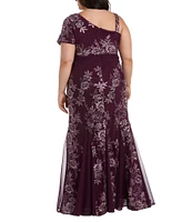 R & M Richards Plus Size One Shoulder Asymmetrical Neck Embellished Sequin Long Gown