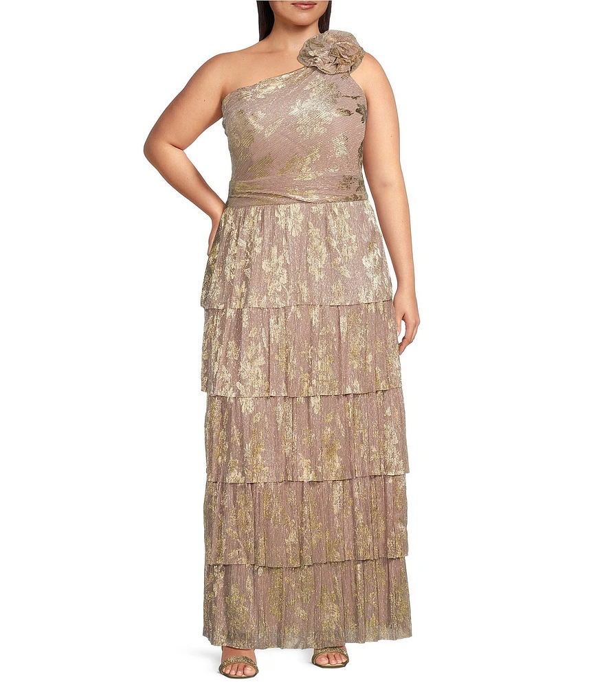 R & M Richards Plus Size One Shoulder Metallic Foil Printed Rosette Dress