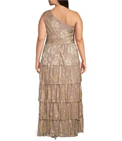 R & M Richards Plus Size One Shoulder Metallic Foil Printed Rosette Dress