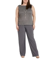 R & M Richards Plus Size Crinkle Metallic 3-Piece Pant Set
